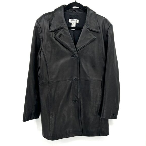 ALFANI Black Genuine Leather Button Up Coat Jacket Size Large Petite - Picture 1 of 5